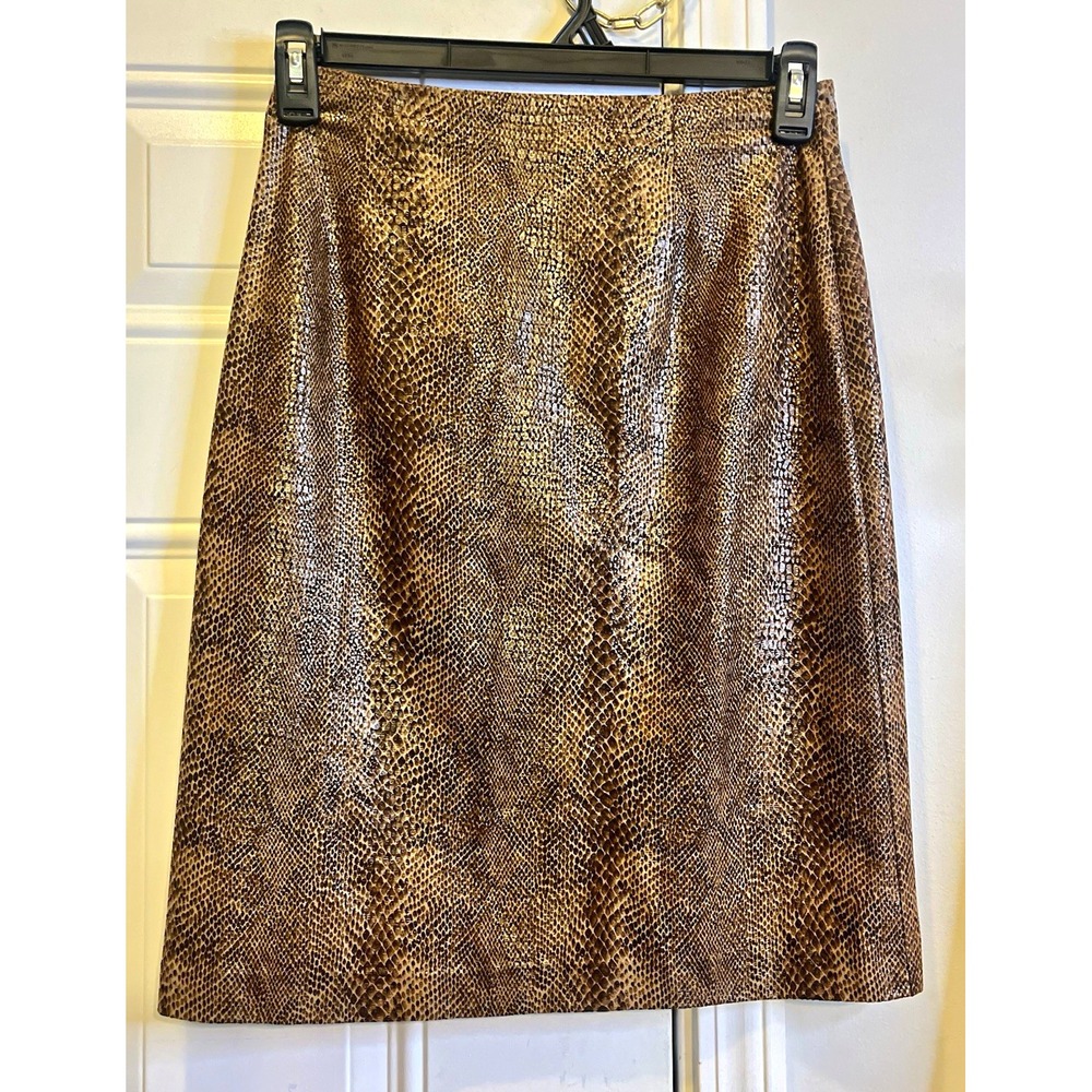 Vintage 90s Y2K Snakeskin Print NYC Design Midi Pencil Skirt Sz 6 Brown Black